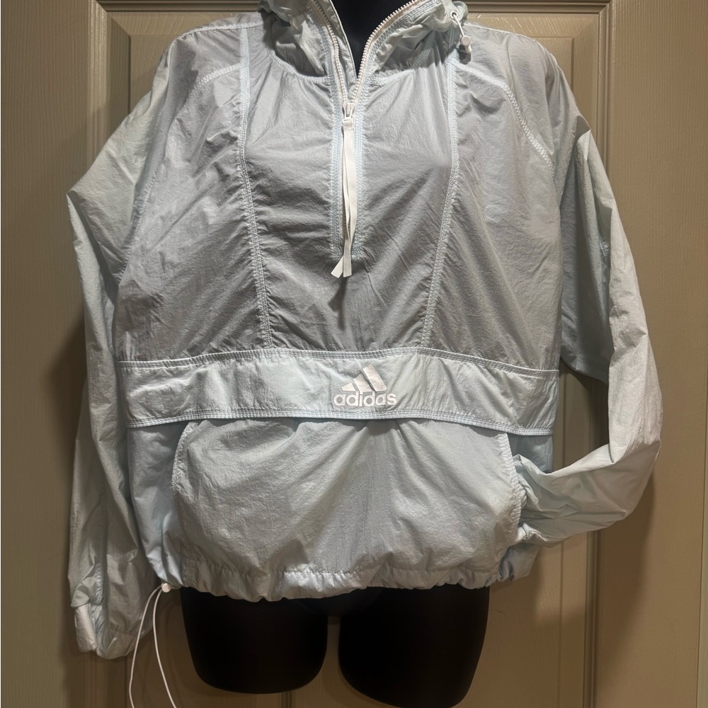 ADIDAS Powder Blue Packable Pullover Hooded Jacket Windbreaker Sz S Small